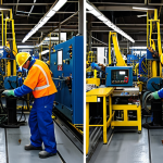 **

A factory floor scene, divided in half. One side depicts unsafe working conditions: broken machinery, stressed workers, and a dark atmosphere. The other side shows a safe and ethical workplace: well-maintained equipment, happy employees wearing proper safety gear, and bright lighting. Juxtapose these two realities to highlight the contrast between prioritizing profit over worker well-being and the benefits of ethical production management.

**