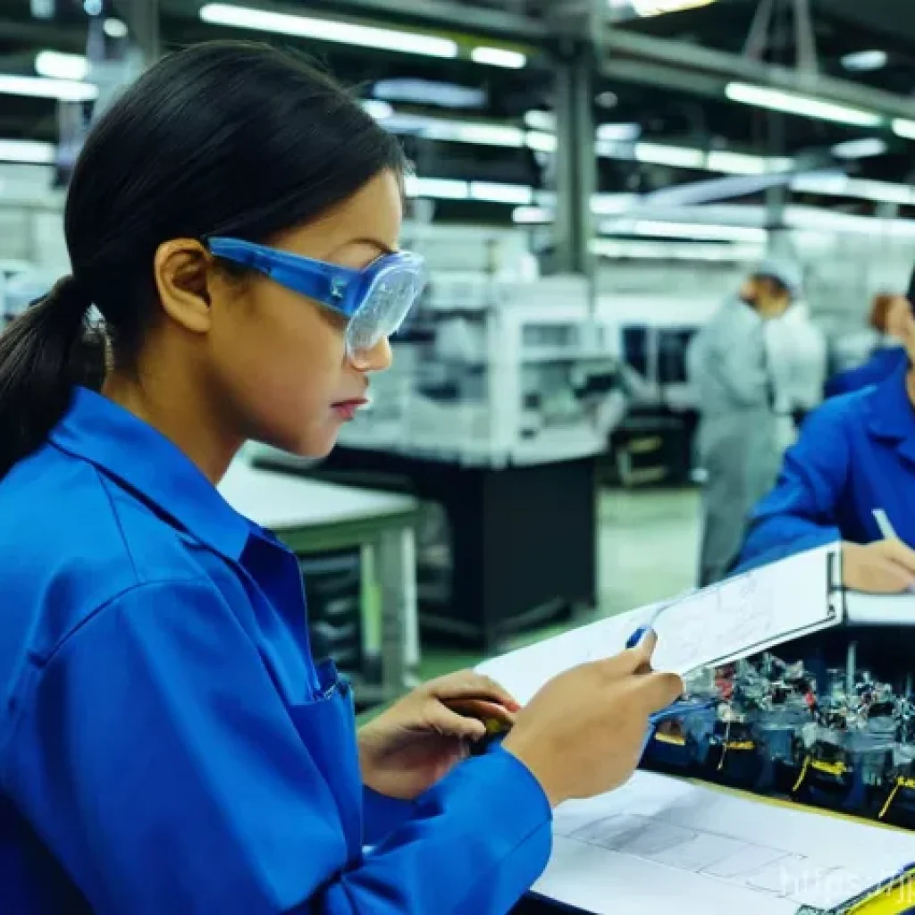 생산관리자가 개발한 프로세스 개선 사례 - **Prompt:** A clean, well-lit modern factory floor with an assembly line in the background. In the f...
