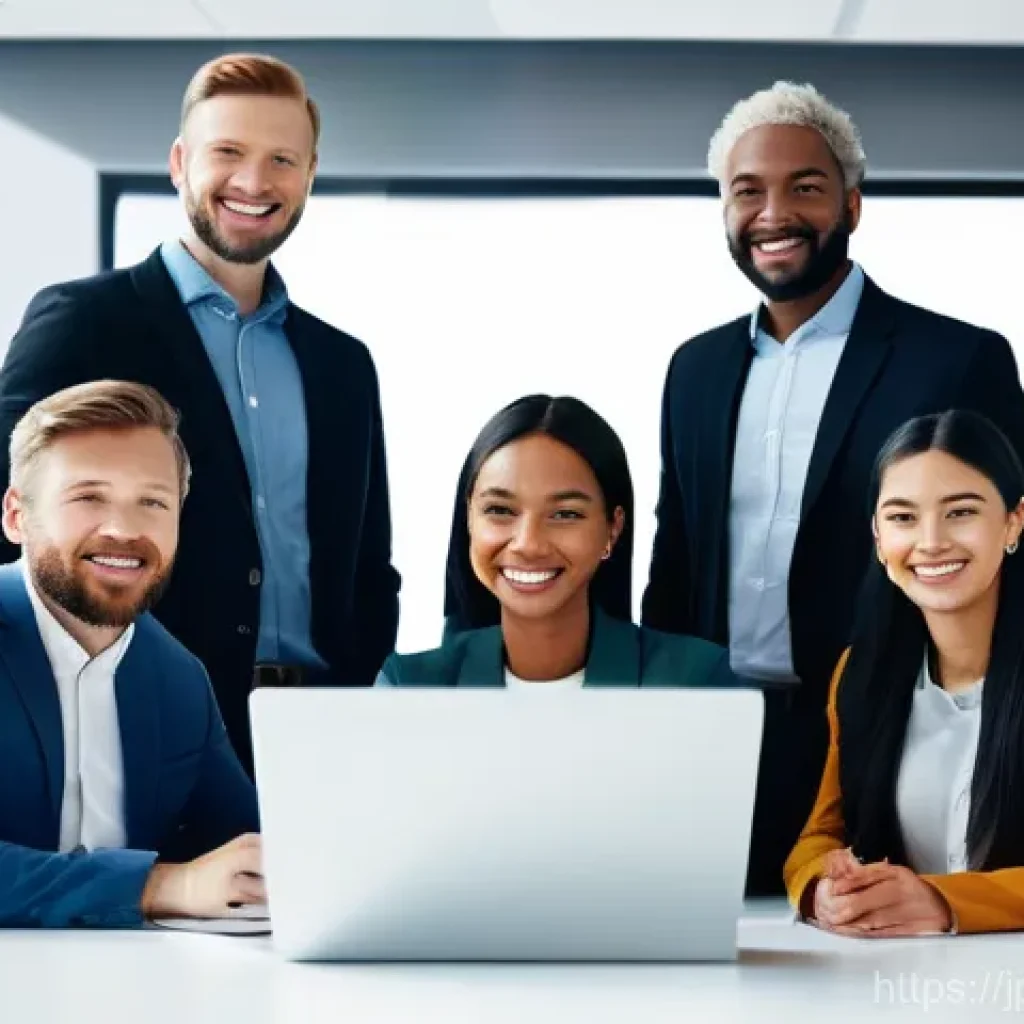 생산성과 향상을 위한 협업 도구 추천 - **Prompt:** A diverse team of five professionals (men and women, various ages, dressed in smart-casu...