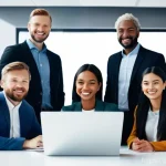 생산성과 향상을 위한 협업 도구 추천 - **Prompt:** A diverse team of five professionals (men and women, various ages, dressed in smart-casu...