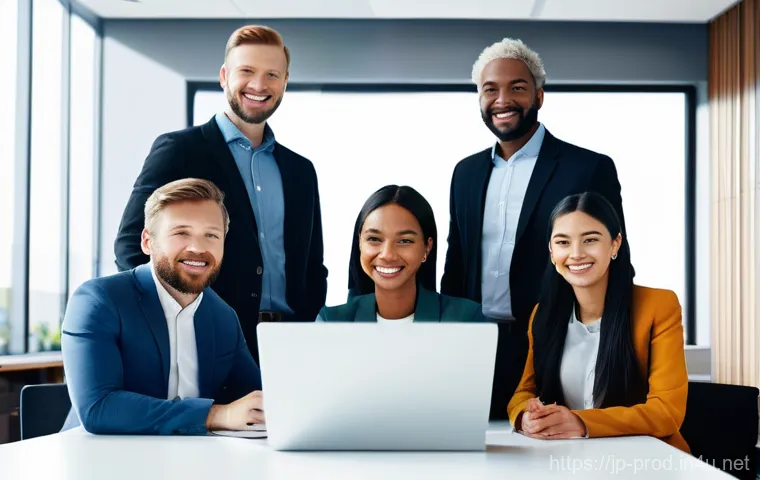 생산성과 향상을 위한 협업 도구 추천 - **Prompt:** A diverse team of five professionals (men and women, various ages, dressed in smart-casu...