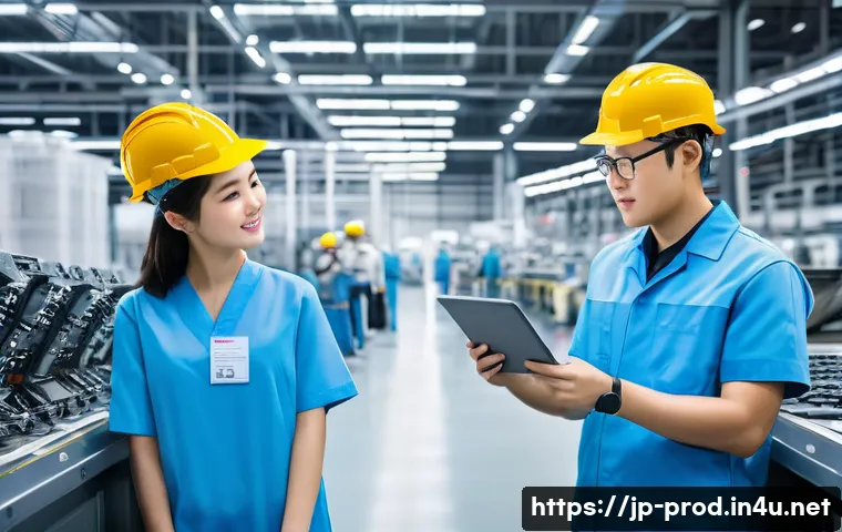생산관리 경력직 채용 트렌드 - A modern Japanese manufacturing factory floor scene featuring experienced production managers and yo...