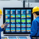 생산관리 관련 영어 용어 정리 - A modern manufacturing factory scene showing a diverse team of engineers and workers in safety unifo...