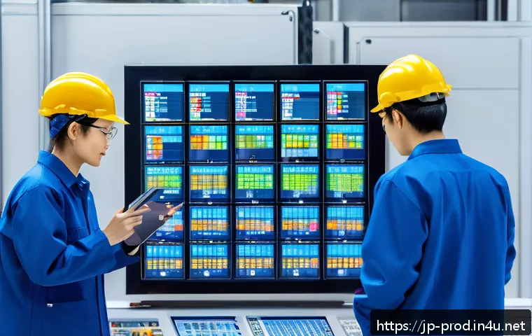 생산관리 관련 영어 용어 정리 - A modern manufacturing factory scene showing a diverse team of engineers and workers in safety unifo...