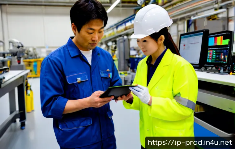 생산관리 실무 사례 분석 - Photorealistic Japanese manufacturing supervisor and two technicians reviewing a production bottlene...
