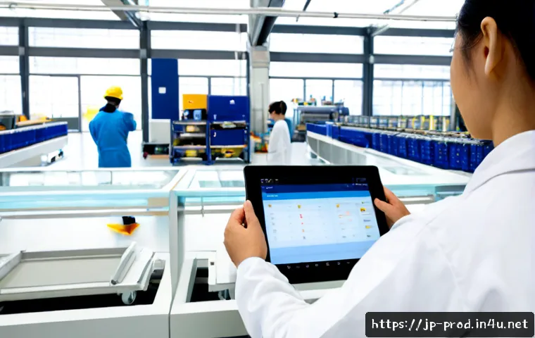 생산관리와 SCM의 관계 - Photorealistic modern factory control room, a production manager in clean safety attire reviewing a ...